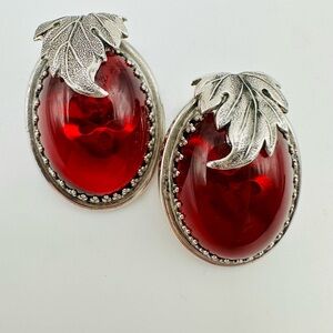 Elegant Vintage Whiting & Davis Silver and Red Leaf Earrings